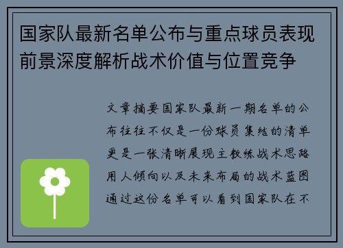 国家队最新名单公布与重点球员表现前景深度解析战术价值与位置竞争 国家队最新名单公布与重点球员表现前景深度解析战术价值与位置竞争